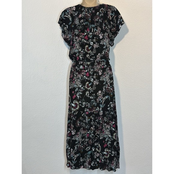 Frye & Co Y2K Floral Midi Dress Black Boho Cap Sleeve Smocked Waist Size L - Picture 2 of 7